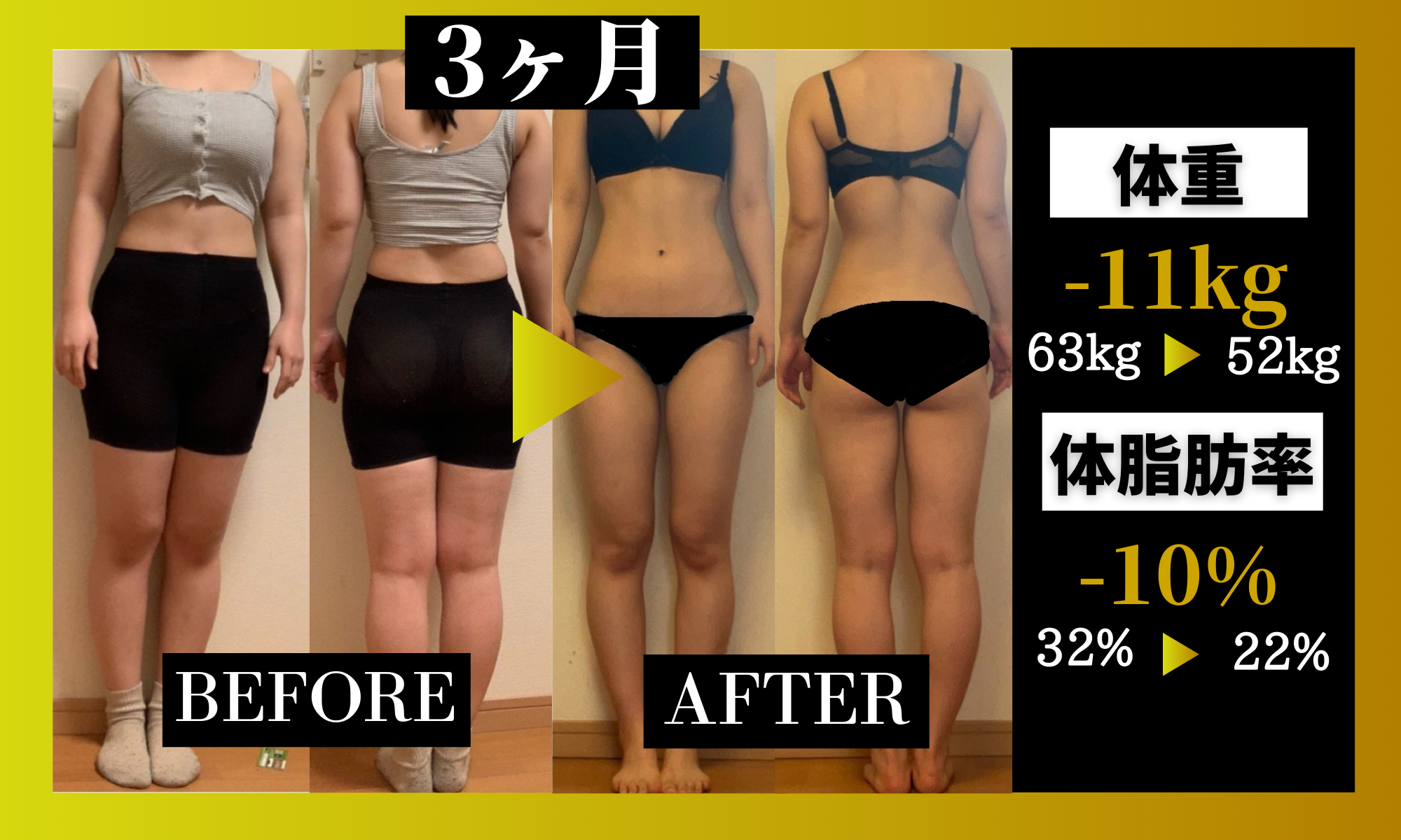 ダイエット　BEFORE AFTER 体重54kg→49kg 体脂肪率　28%→20%